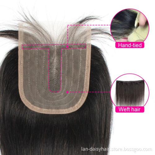 Natural Black hair bundles with closure straight  Brazilian human hair middle part 4x4 closure with T type lace
